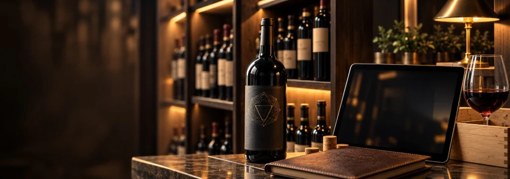 Bouteille, carnet et verre de vin devant une cave éclairée.