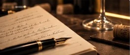 Carnet, stylo plume, bouchon et verre de vin sur une table.