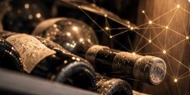Bouteilles couchées reliées par un réseau de points lumineux.